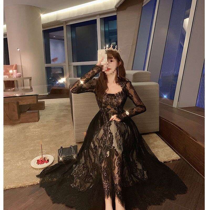 Very Fairy French Niche Spring New Black Gown Elegant Lace Retro Long Dress for Women