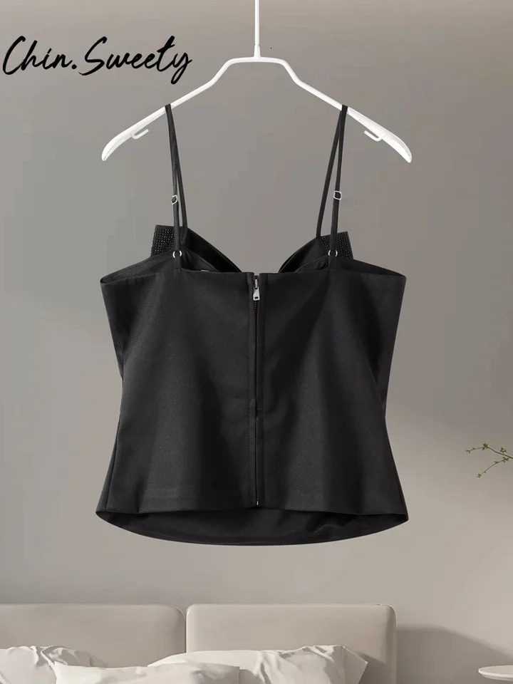 Sweet sequin bow womens suspender top sexy sleeveless free zipper womens vest top spring womens street clothing 250403