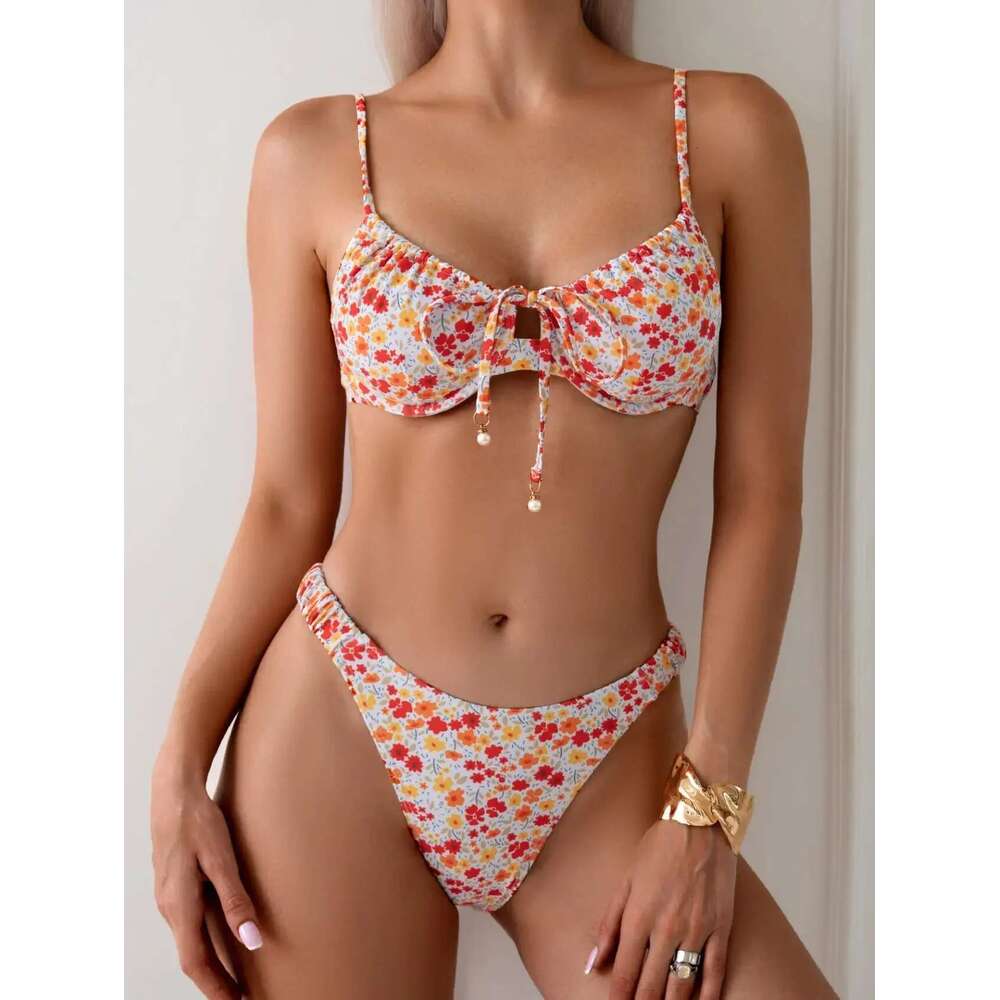 Pink ral Print micro Bikini Women Swimwear 2025 Brazilian Beach Push Up Pleate Tie Underwire Bathing Suit Two Piece Swimsuit