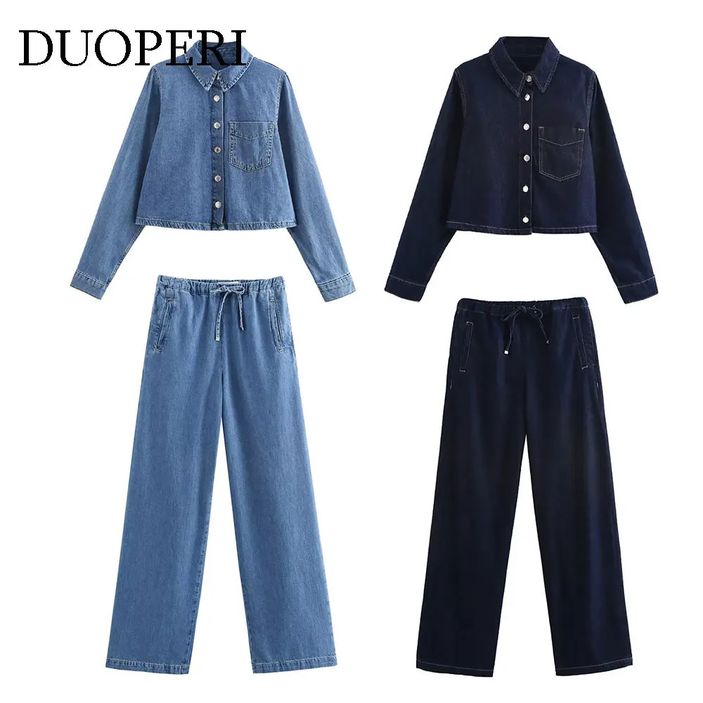 DUOPERI Womens Fashion 2piece Set with Pocket Denim Solid Jacket and Elastic Waist Trouser Femle Unique Pants 250403