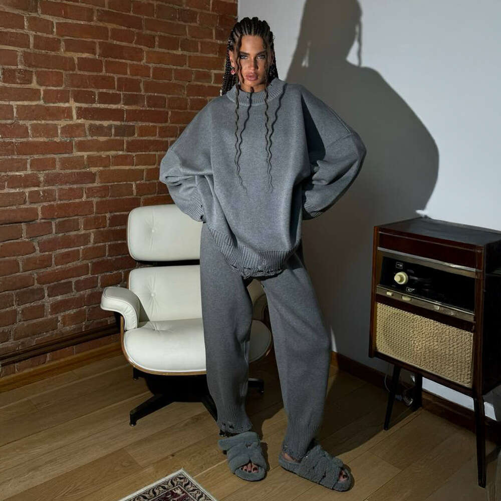 Cross-Border Ripped Women, European American Style, 2025 Autumn and Winter, Ins Style Knitted Skinny Pants + Round Neck Sweater Set for Women