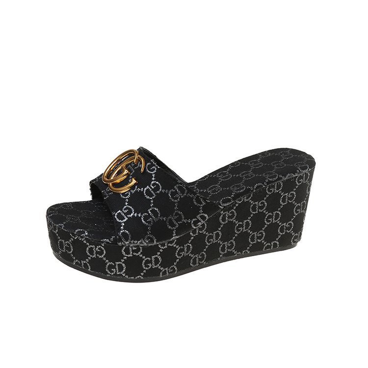 designer shoes 2025 new Women's summer thick-soled wedge heel sandals for outdoor wear lettered one-strap high-heeled sandals with fashionable me