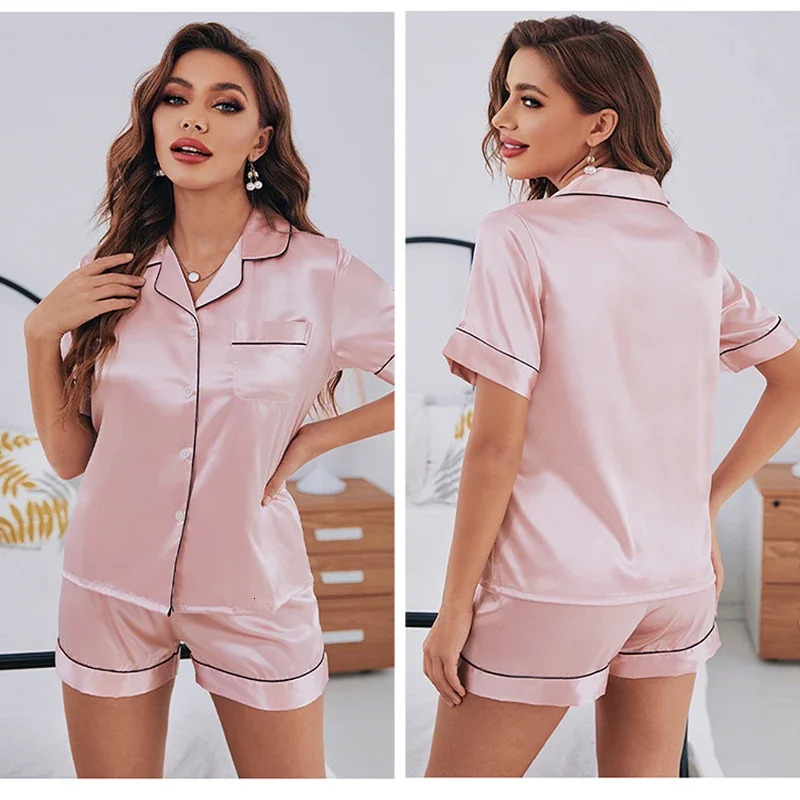 Short Sleeve shorts set ladies home wear womens silk pajamas Ice Silk breathable comfortable top pants set 250402