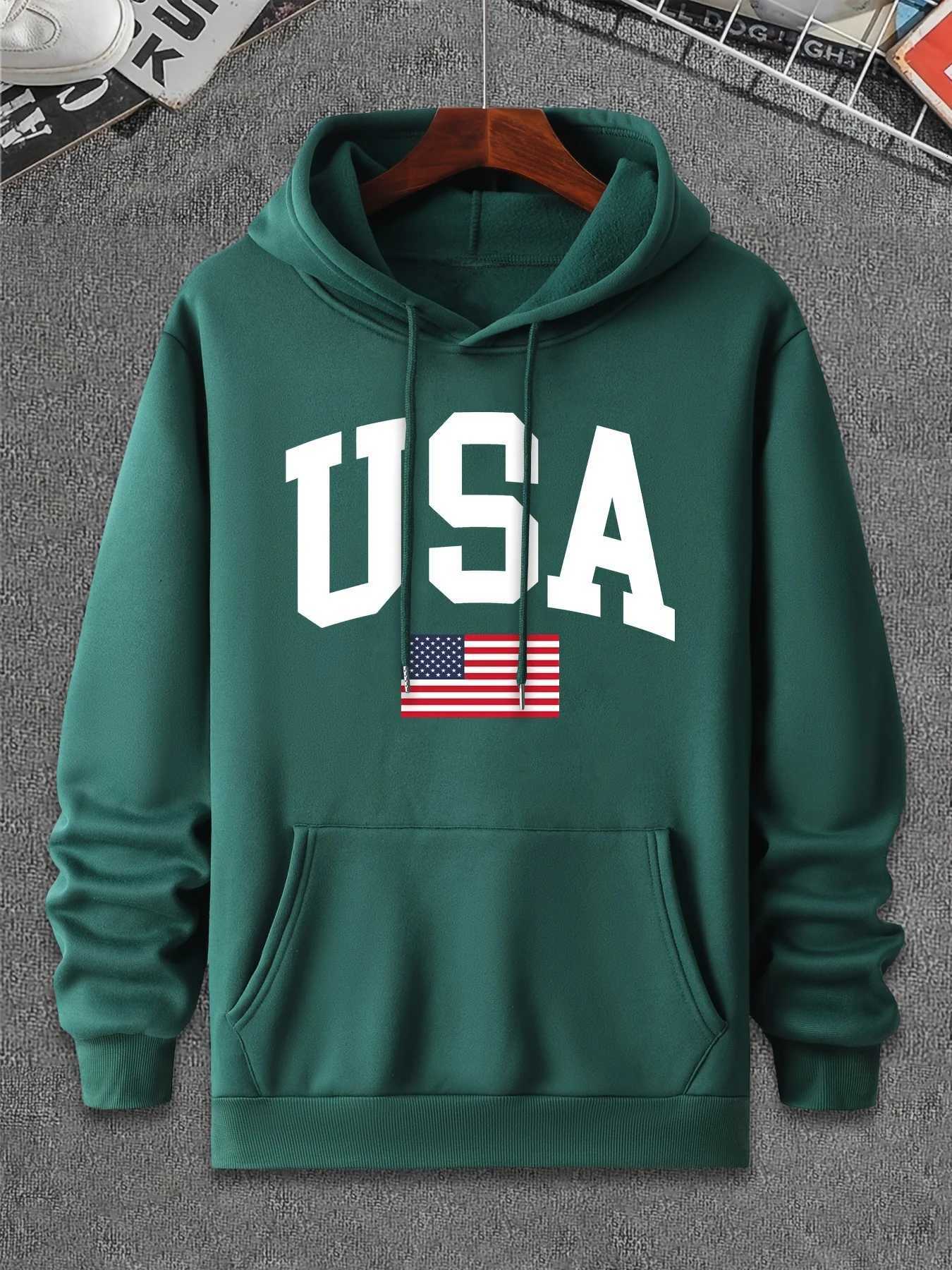 Mens autumn and winter fashionable casual loose oversized American flag printed pullover hooded long sleeved sweatshirt W251106