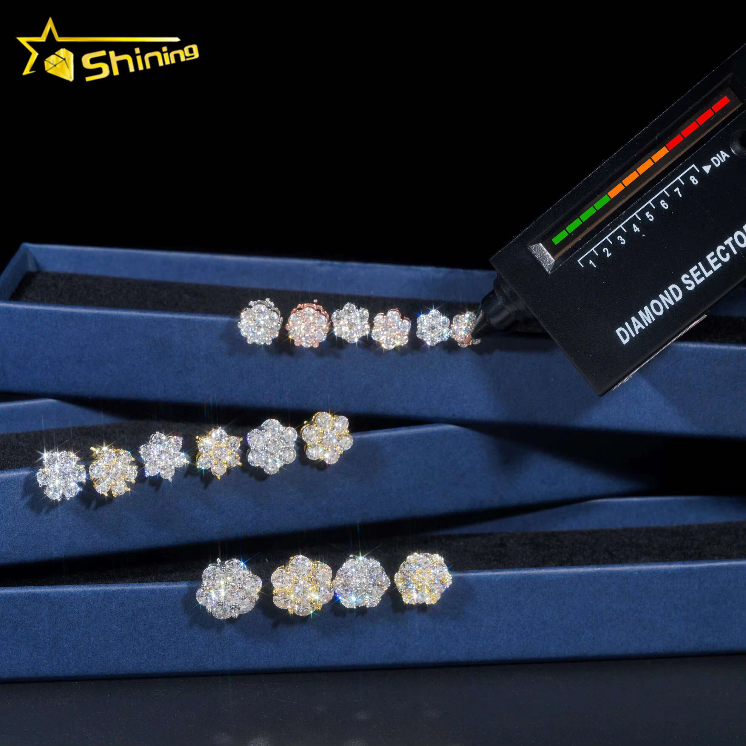 Hot Sale Trendy Cluster Flower Screw Back Earrings Sier Gold Plated Moissanite Pass Dia Test Stud Earring