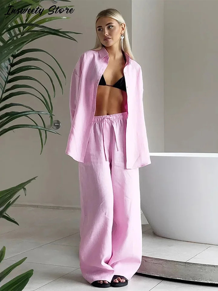 Casual shirt pants set womens solid loose single chest lapel top high waisted mens spring 250403