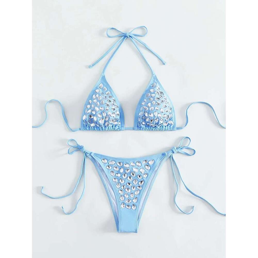 urious Rhie Swimsuit women,Blue 2 Piece Bikini Set Sexy V-neck Suspender Lace-Up Bathing Suit Summer Beachwear 2024