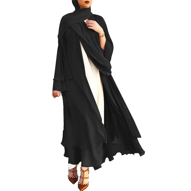Straight New Double-Layer Chiffon Cardigan Temperament Long Skirt Solid Color Dress Abaya Maxi Dresses Islamic Clothing