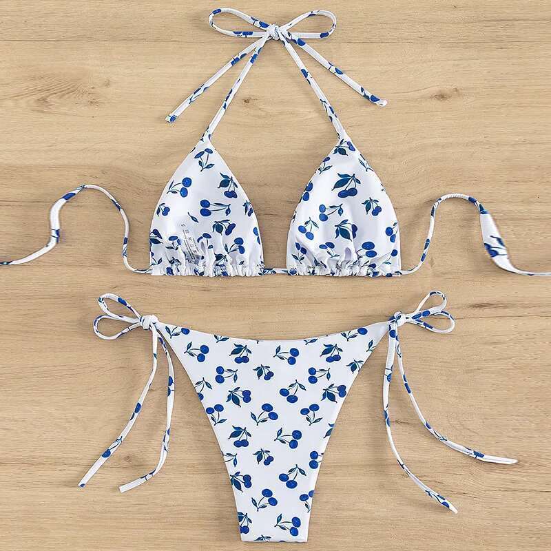 Cute Cherry Print Swimsuit Women 2023 Low Waist Thong 2-Piece Bikini V-neck Suspender Halter Bathing Suit Summer Beach Swimwear