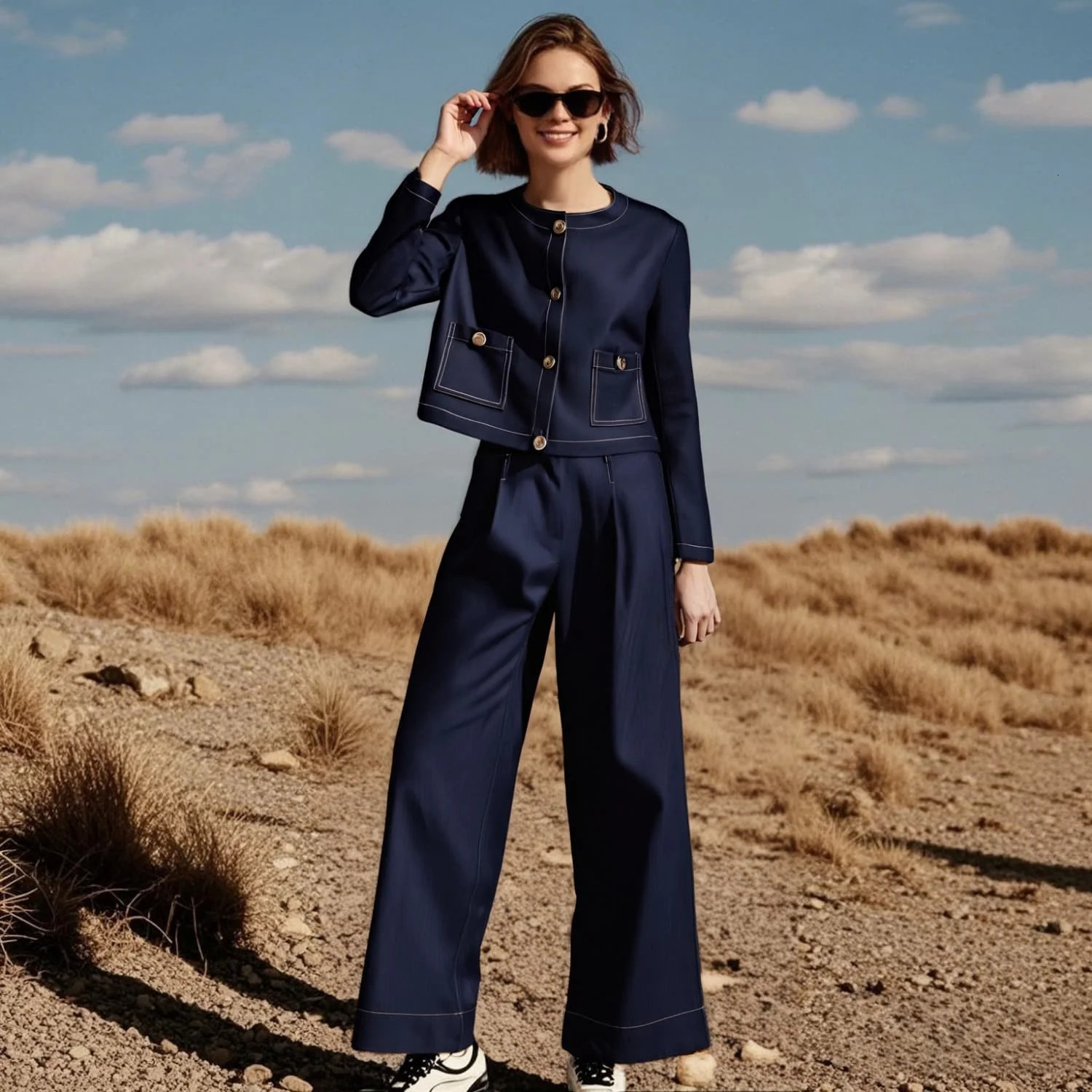 PB ZA Womens Long Sleeve Cut Jacket Gold Button Wide Match Leg Pants Fashionable and Elegant 250403