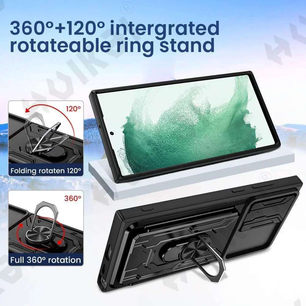 Case For Samsung Galaxy S25 S24 S23 S22 S21 Ultra Plus S20 FE A55 A35 A56 A36 4G 5G Slide Camera Card Holder 360° Ring Cover