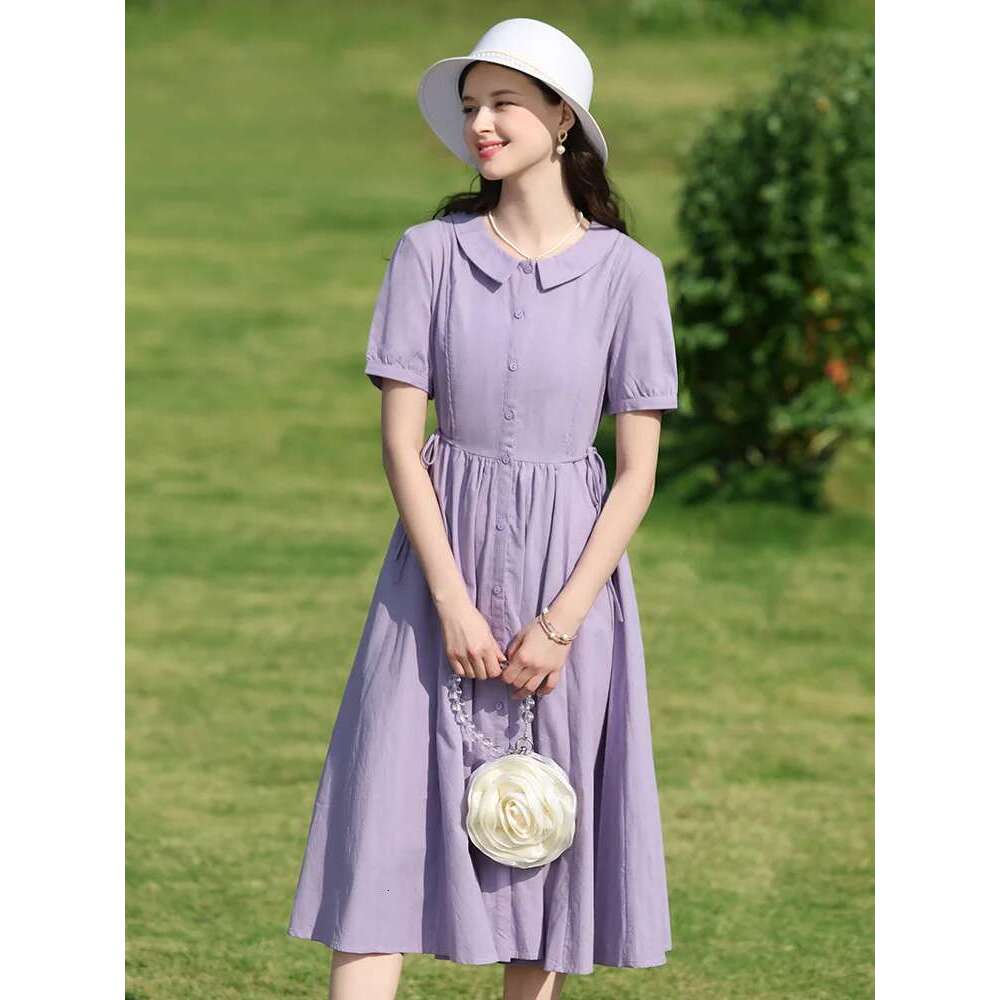French Tea Break Short-Sleeve Women Dresses 2025 Summer New Temperament Waist Sweet Lace-Up Dress Lady