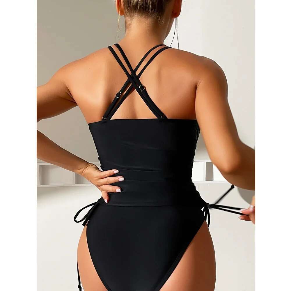 Solid Color Swimsuit Women 2023 High Waist Tankini V-neck 2 Piece Suspender Bikini Bathing Suit Lace-up Backless Beach Swimwear