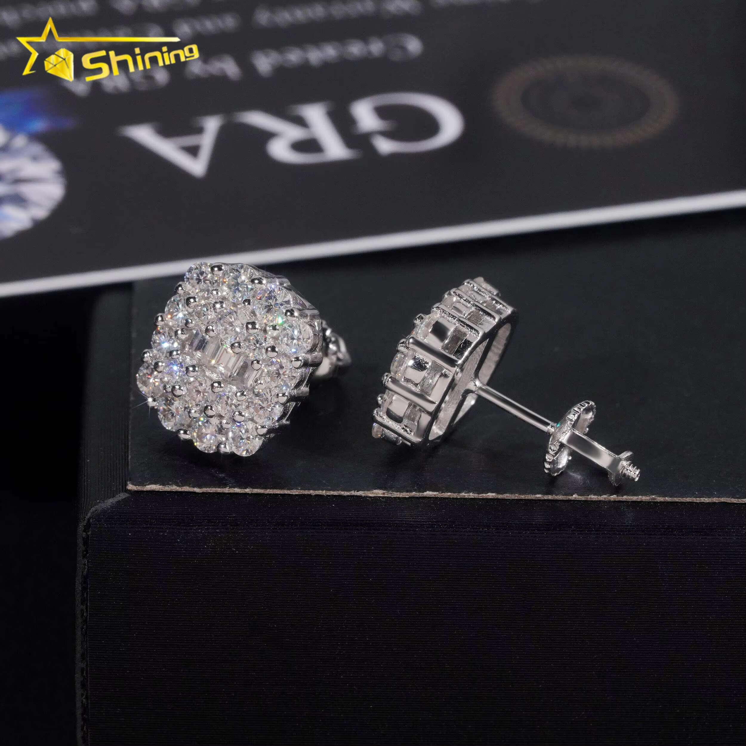 Promotion Price Pass Dia Tester GRA Certified Fully Iced Out Hip Hop Sier Jewelry Baguette Moissanite Stud Earrings