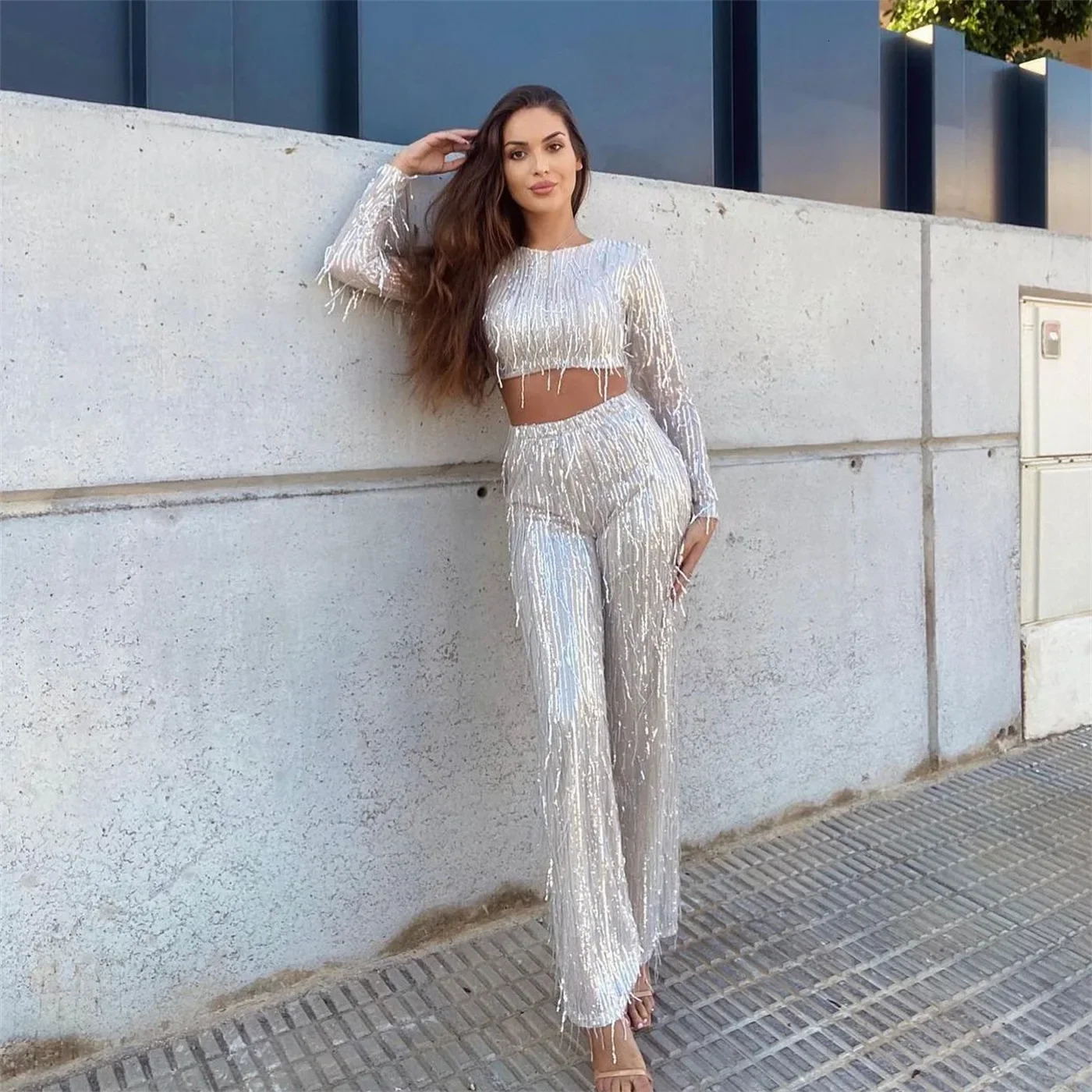 Womens tassel sequin party 2-piece set autumn shiny silk O-neck crop top wide leg pants womens set fashion street womens S 250402