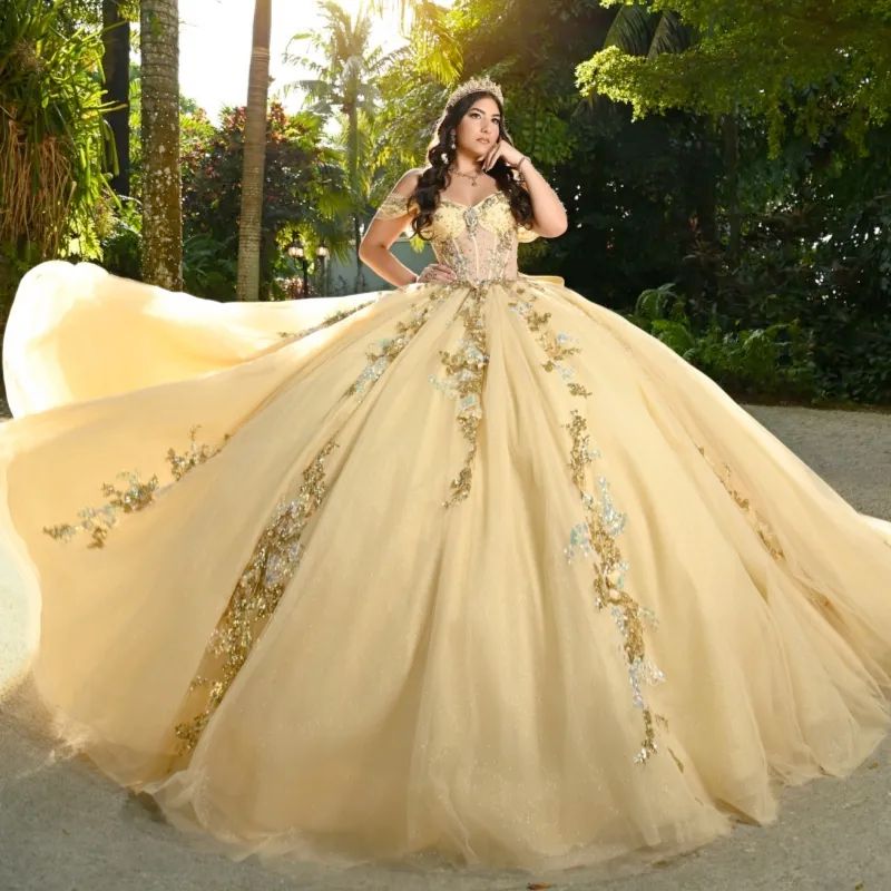 Yellow Shiny Princess Sweet 16 Dress Quinceanera Dresses Sequin Applique Lace Beading Corset Tull Party Birthday Vestidos 15 Anos N06 B0312