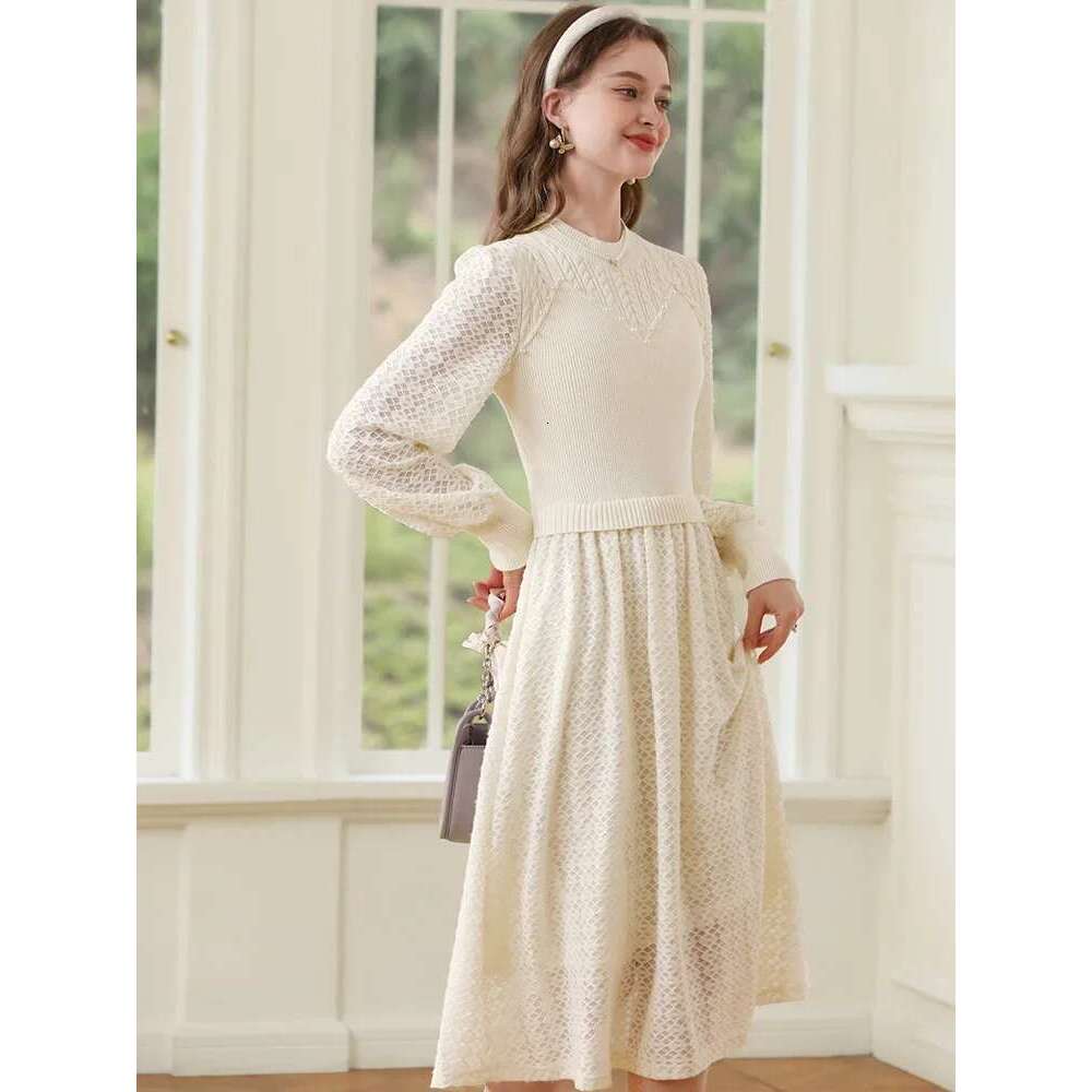 Women Dresses French Gentle Beaded Knitted Spliced Long Sleeve Winter New A-E Solid Dress Lady