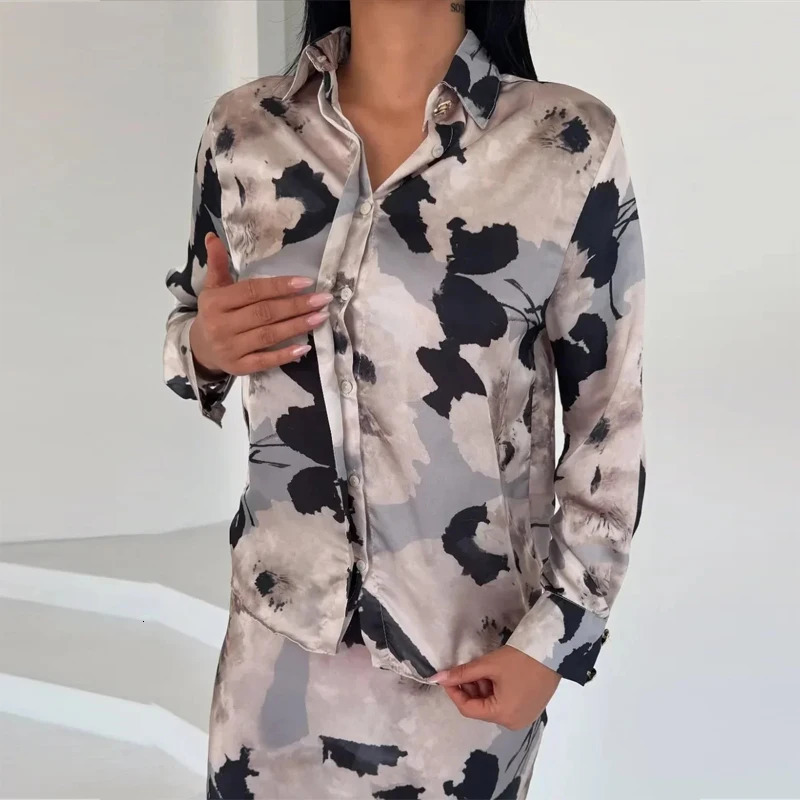 TRAF Print Womens Skiing 2piece Satin Shirt and Suitable for High Waist Midi Clothing Holiday Set 250403