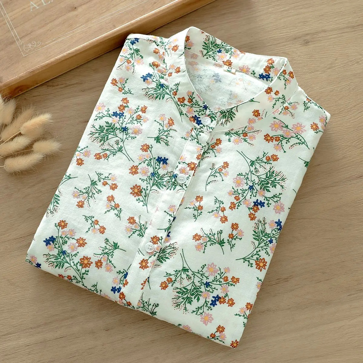 Double-layer Cotton Tulle Long-sleeved Shirt for Women Fresh Printed Small Stand Collar Soft Breathable Top 250402