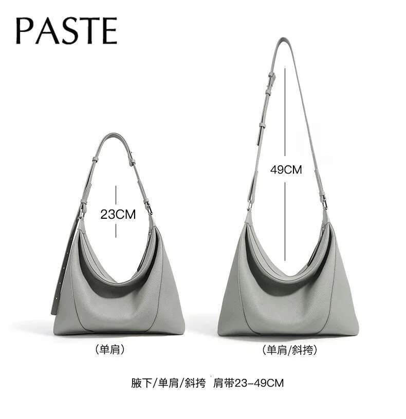 2025 Fashion Cement Grey Long Handle Hobo Tote Soft Thick Cow Leather Women Underarm Shoulder Bag Large Travel Handbag