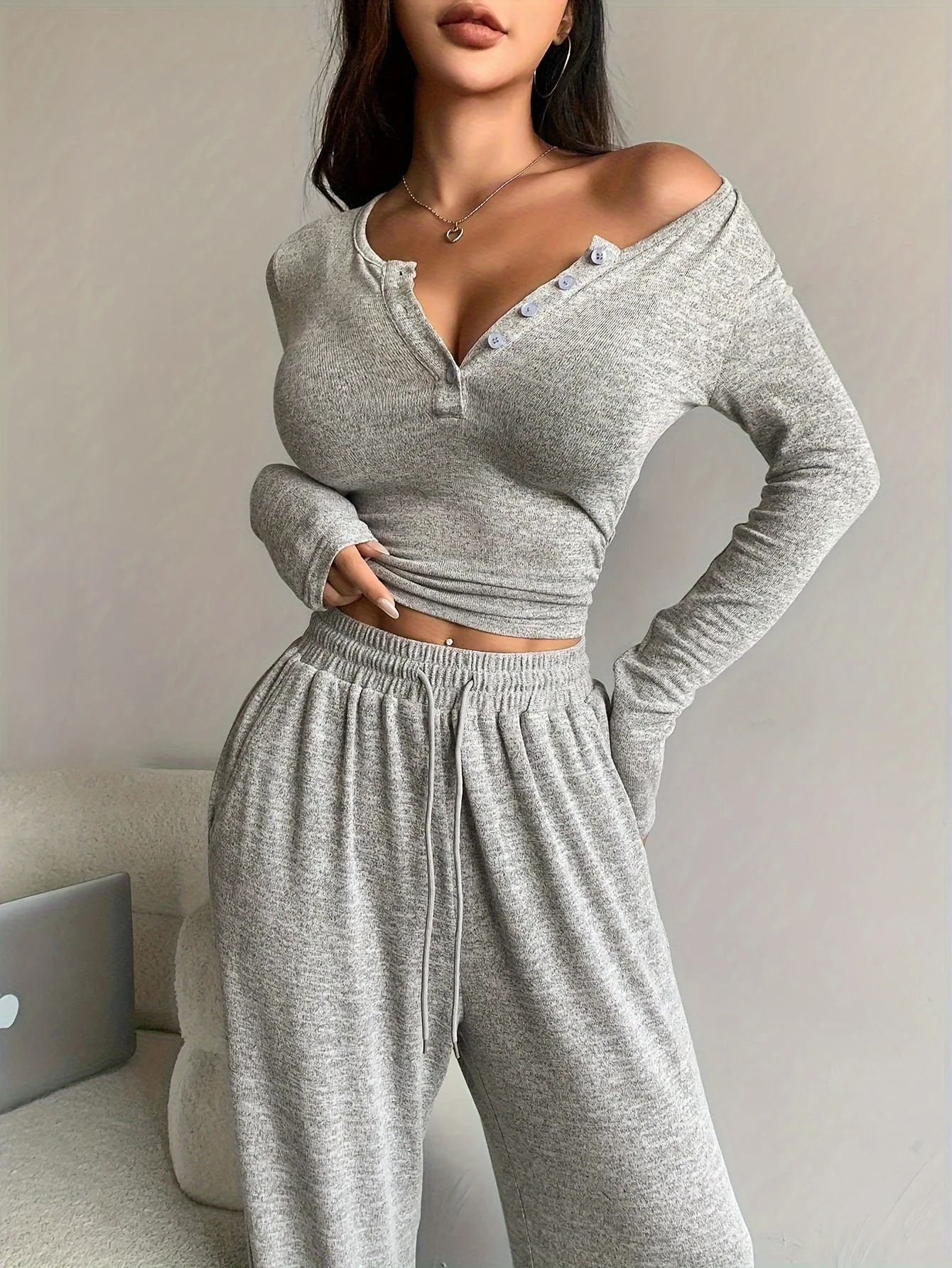 Womens 2piece sexy button slim fit Vneck zipper wide leg pants set solid long sleeved Tshirt casual sportswear womens clothing 250403