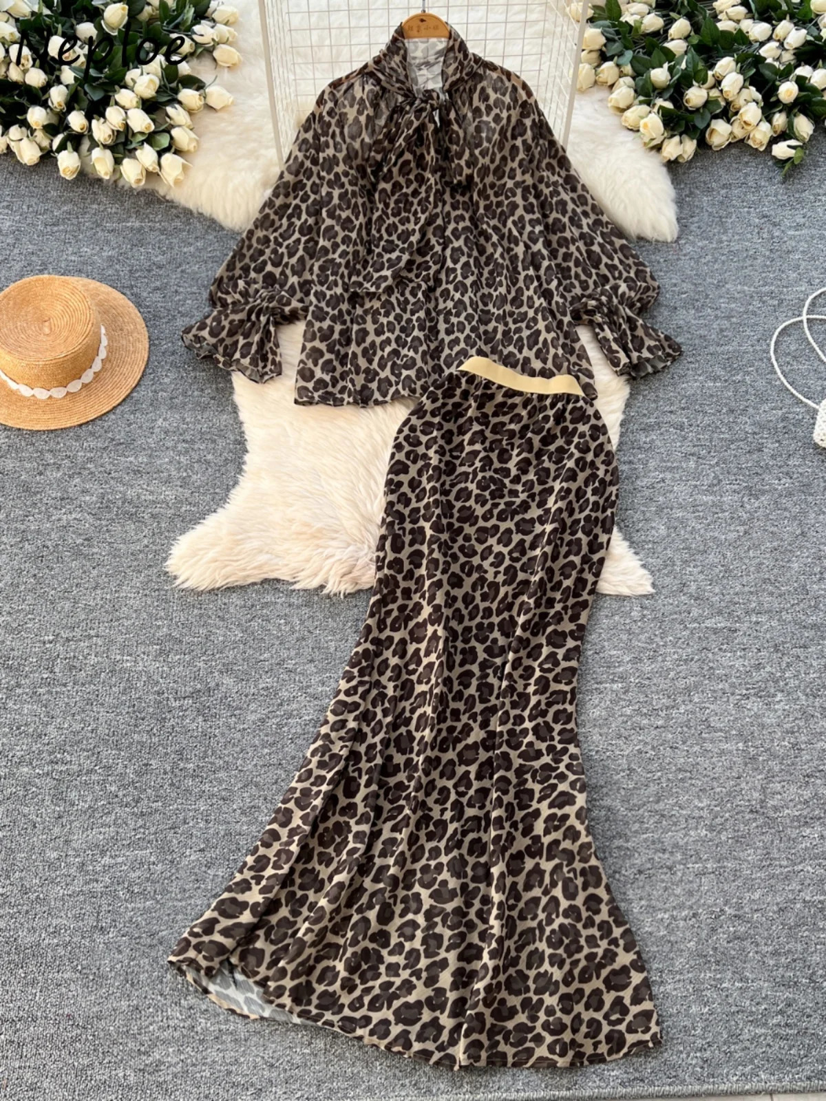 Neploe Light Ripe Wind Europe Loose Bow Set Shirt Lace Printed High Waist Ultra Thin Mermaid Leather French Style Set Faldas 250402