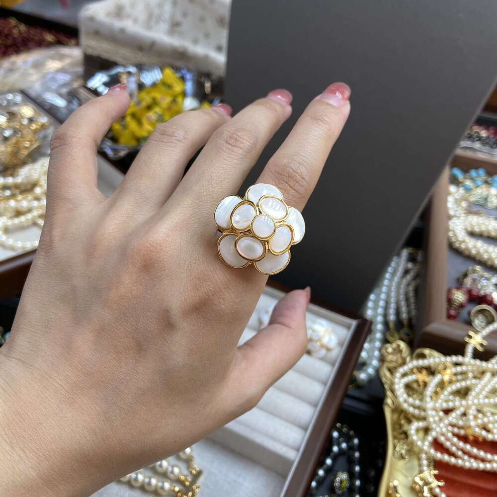 Vintage Real Gold Plated French Retro Natural Necklaces White Shell Camellia Pearl Necklace Earrings Ring Set