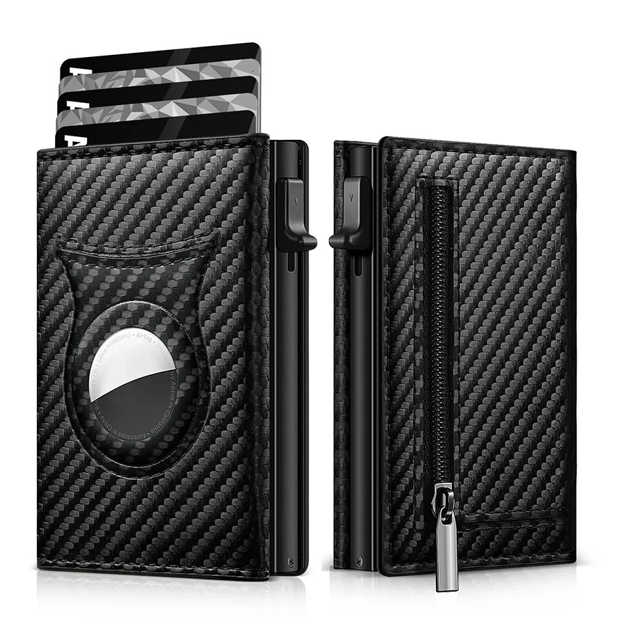 Mens Carbon Fiber Magnetic Card Clip Leather RFID Triple Fold Card with Zipper Wallet Pop Up Smart AirTag Wallet 251105