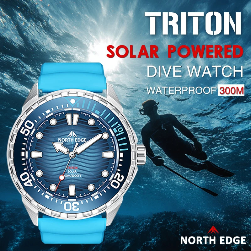 NORTH EDGE TRITON Solar Powered Diving Watch for Man Quartz Wristwatches 316L Stainless Steel Case 300M Waterproof 251106