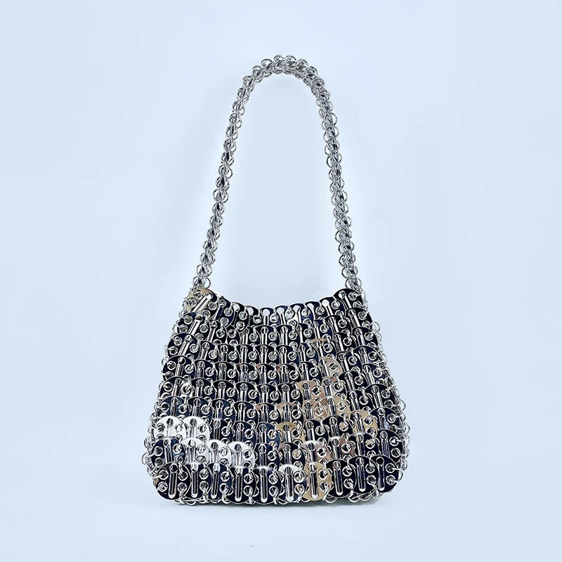 Shiny vintage iron sheet bag hand-woven silver sequins metal dumpling bag mobile phone bag handbag shoulder bag 251106