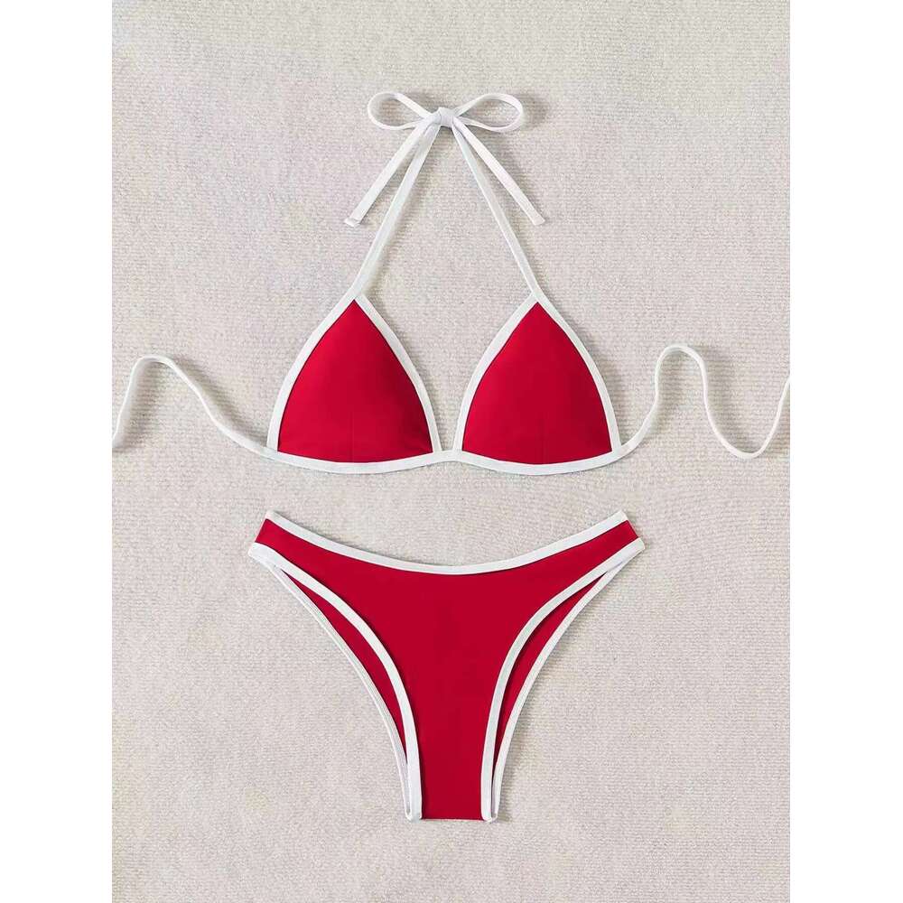 Sexy Red Women Swimsuit Halter Push Up Bra Thong 2025 Holiday Bikinis Sets Summer Bathing Suit Two Piece Swimwear