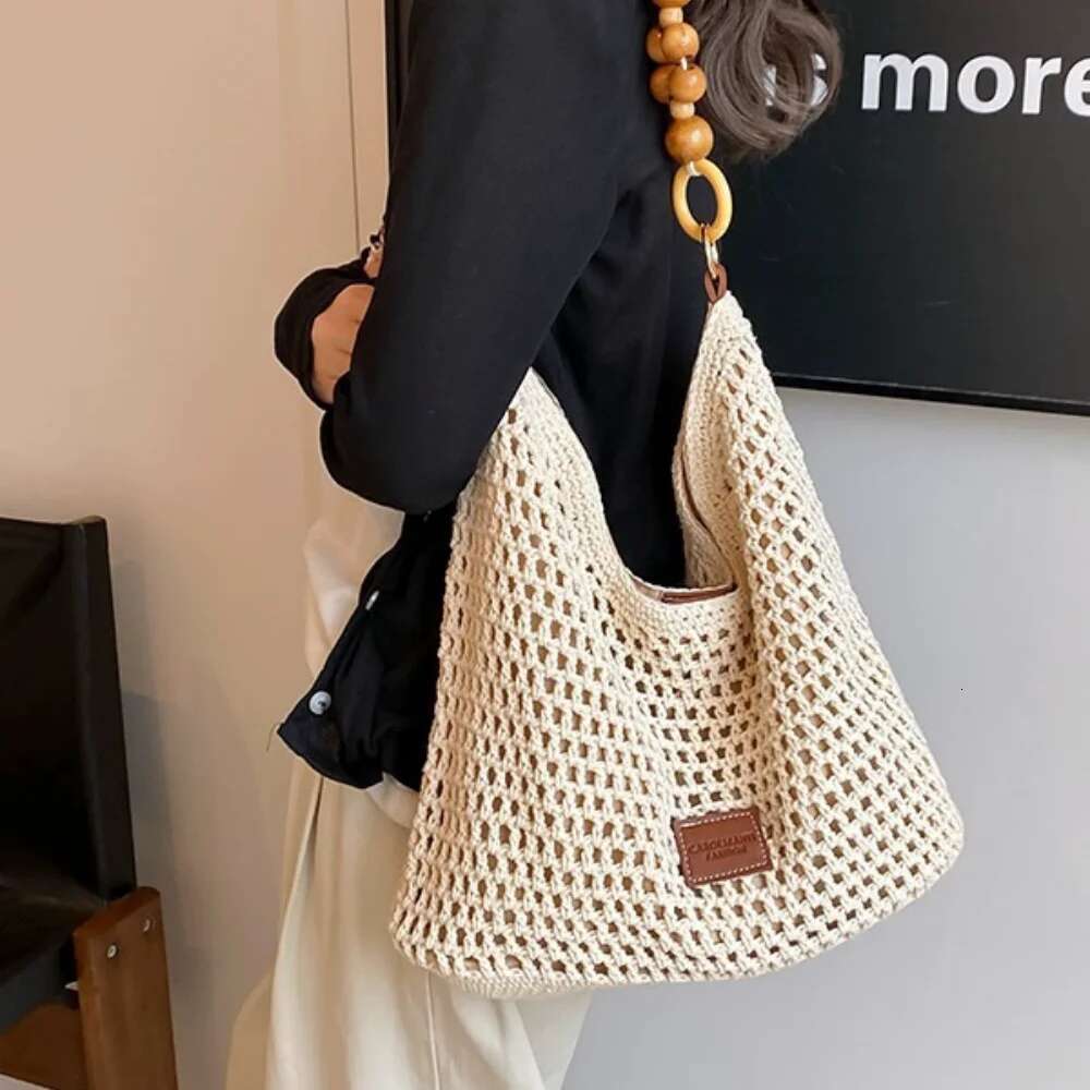 Handbag Beach Summer Holiday Woven Tote Women's Large Capacity Shoulder Bag Cotton Rope Hobo Bags With Bead Strap For Travel