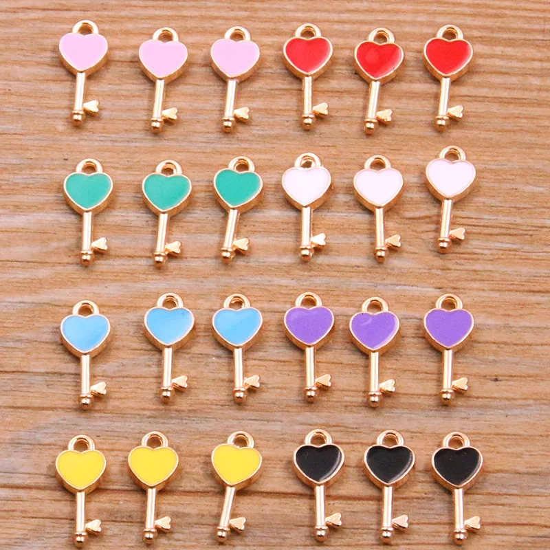 30 pieces of 8color 7x16MM alloy metal drip oil colored lock key charm careful pendant for DIY bracelet necklace jewelry making 250325