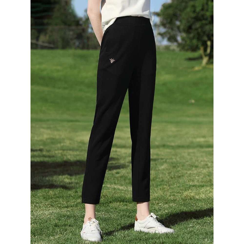 Black Embroidered Casual Summer 2025 Elastic Harun Pants High Waist Ankle-Length Trousers