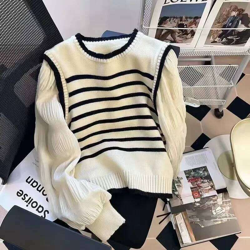 Women Black White Striped Fake Two-Piece Knitted Sweaters Pring And Autumn Korean Soft Glutinous Pullover Sweater Female Women Sweater Designer Sweate