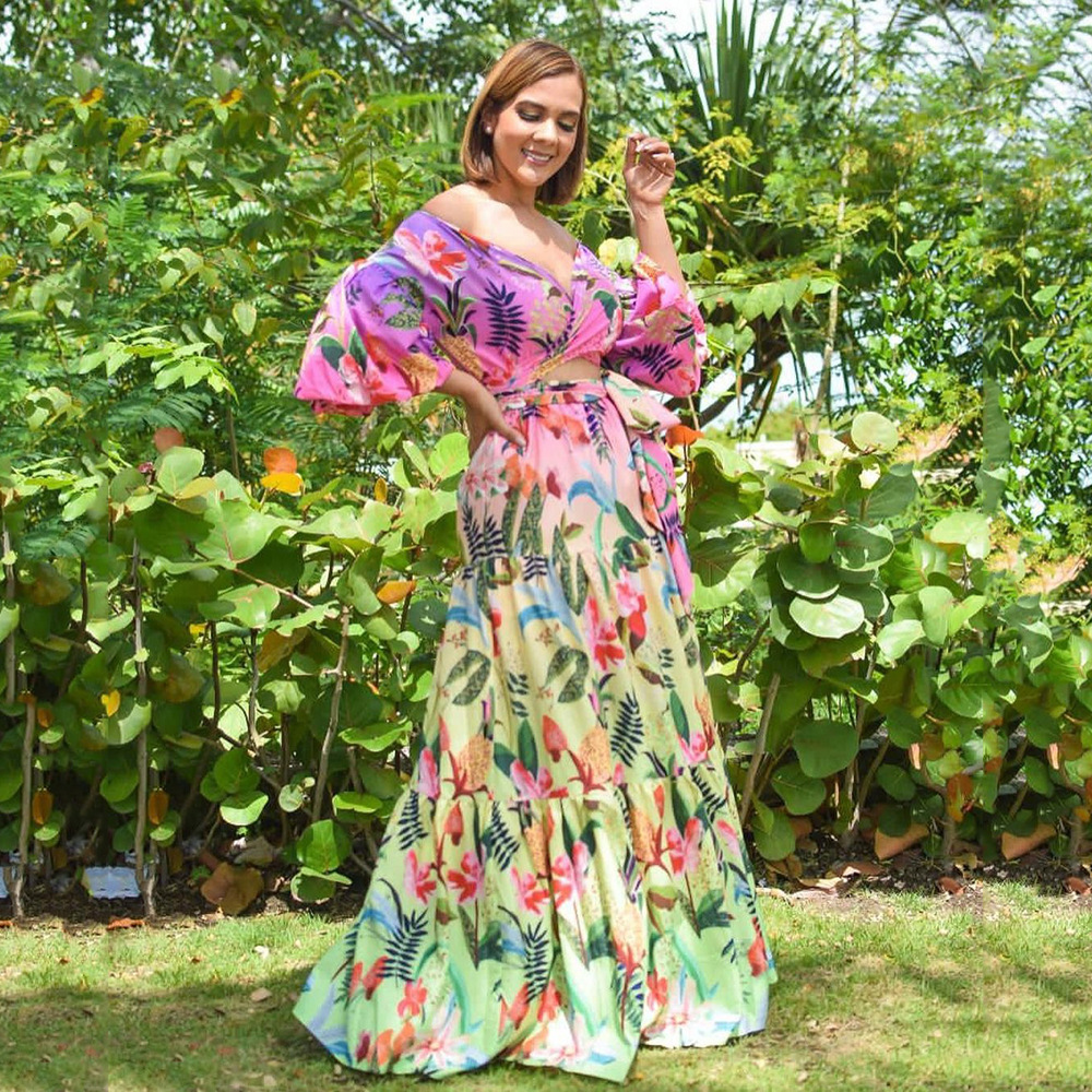 2025 Spring/summer New Womens Printed Wide Truffle Shoulder V-neck Sexy Slimming Long Dress Formal Dress