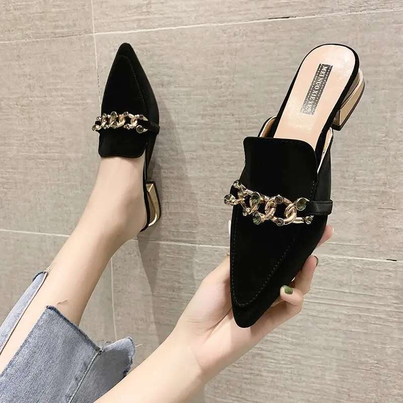 2025 New Slippers New Chain Mule Slippers Women's Stripe Designer Summer Fashion Shoes Square High Heels Women's Shoes
