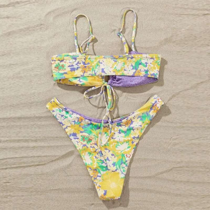 Purple Patchwork Print Women's Swimsuit,2024 Summer New Micro Bikini Set,Lace-up Suspender Backless Bathing Suit,Bathing Suit