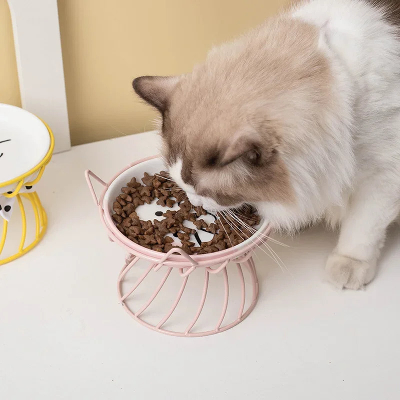Cat bowl ceramic high footed cup neck protective food bowl shallow mouth large caliber pet food bowl 250403