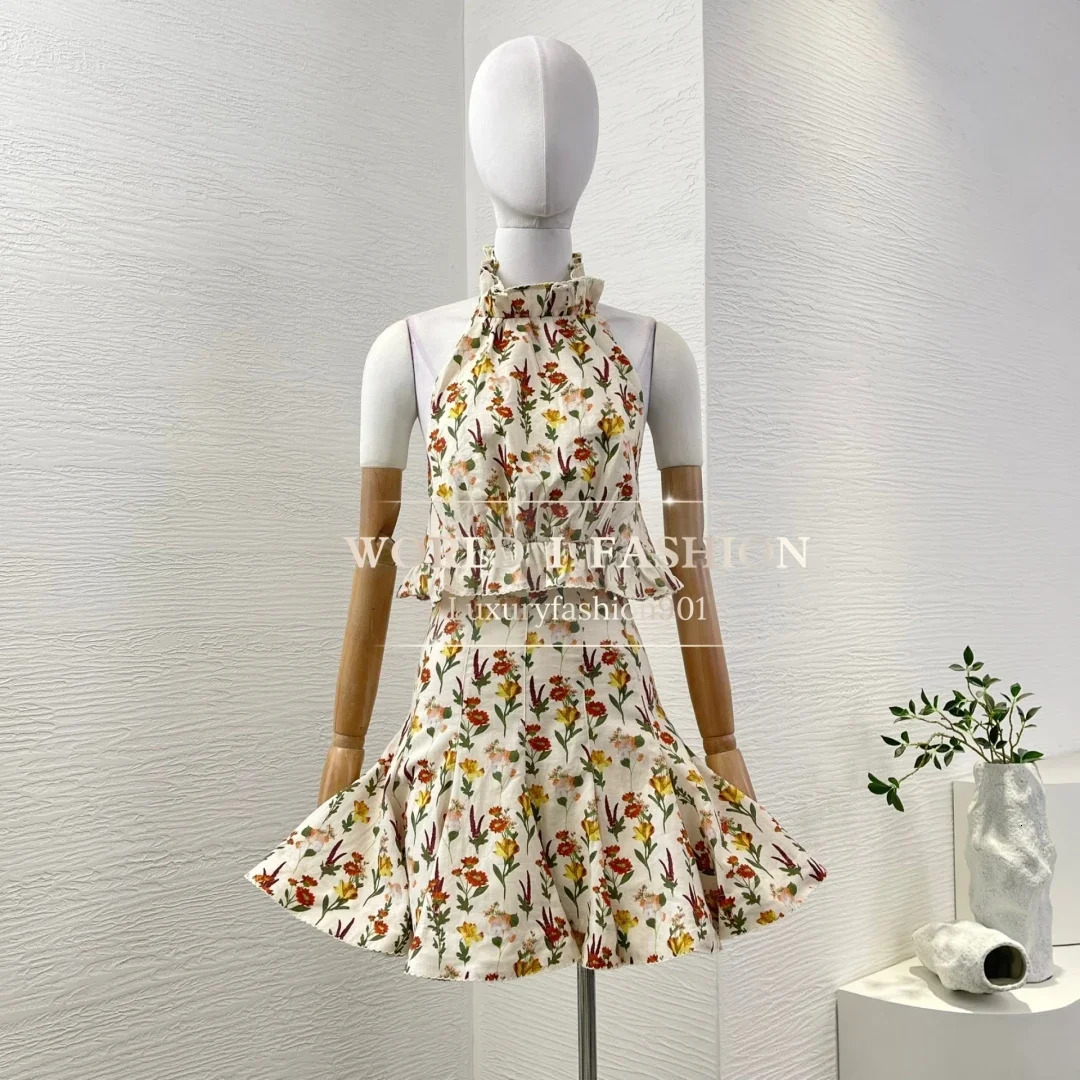 SS high-quality pure linen top and skin set beige ruffled floral print collar sleeveless suspender womens holiday set 250402
