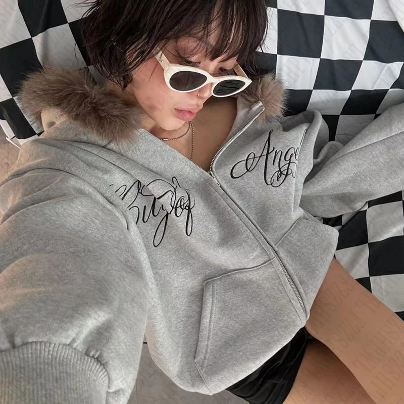 Y2K Harajuku Aesthetic Womens Winter Fur Collar Hoodie Chic Long Sleeve Open Knitted Woolen Sweater Oversized Rock Street Top 250403