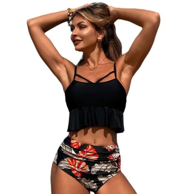 Women's Bikini Set High Waist Tankini Sexy Hollow Out Bandeau Ruffle 2 Piece Swimsuit with Chest Cushion No Steel Support 2025