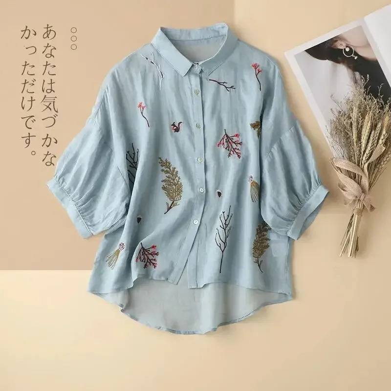Summer Seven Point Cotton Linen Embroidered Shirt for Women Literary Loose Temperament Lapel Casual Top for Women 250402