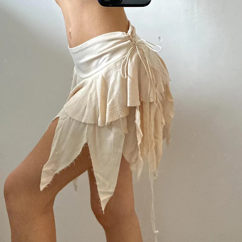 Womens Y2k Mini Ski Hut Ruffle Asymmetric Hem A-line Mini Ski Retro Fairycore Lace Stickers Layered Mini Ski 250402