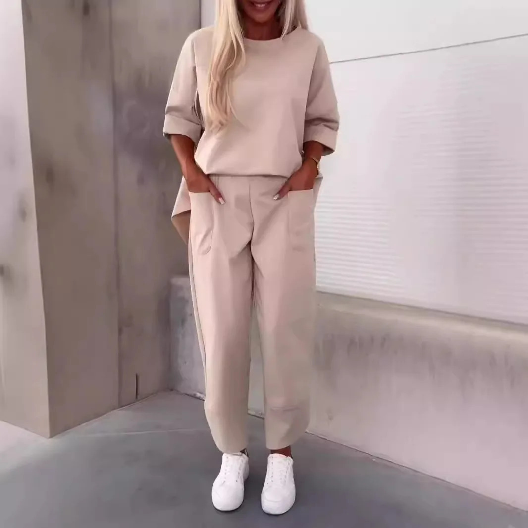 Womens twopiece pants set solid top ankle length sports matching Y2k Tshirt autumn and spring pocket 250403