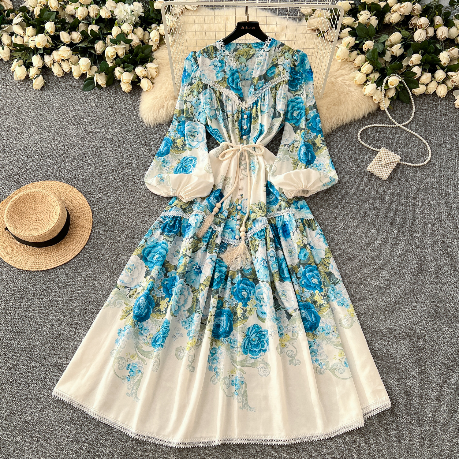 Basic Casual Dresses Spring Holiday Gorgeous Flower Linen Dress Women's V-Neck Hollow Out Lace Long Lantern Sleeve Floral Print Belt Maxi Vestido