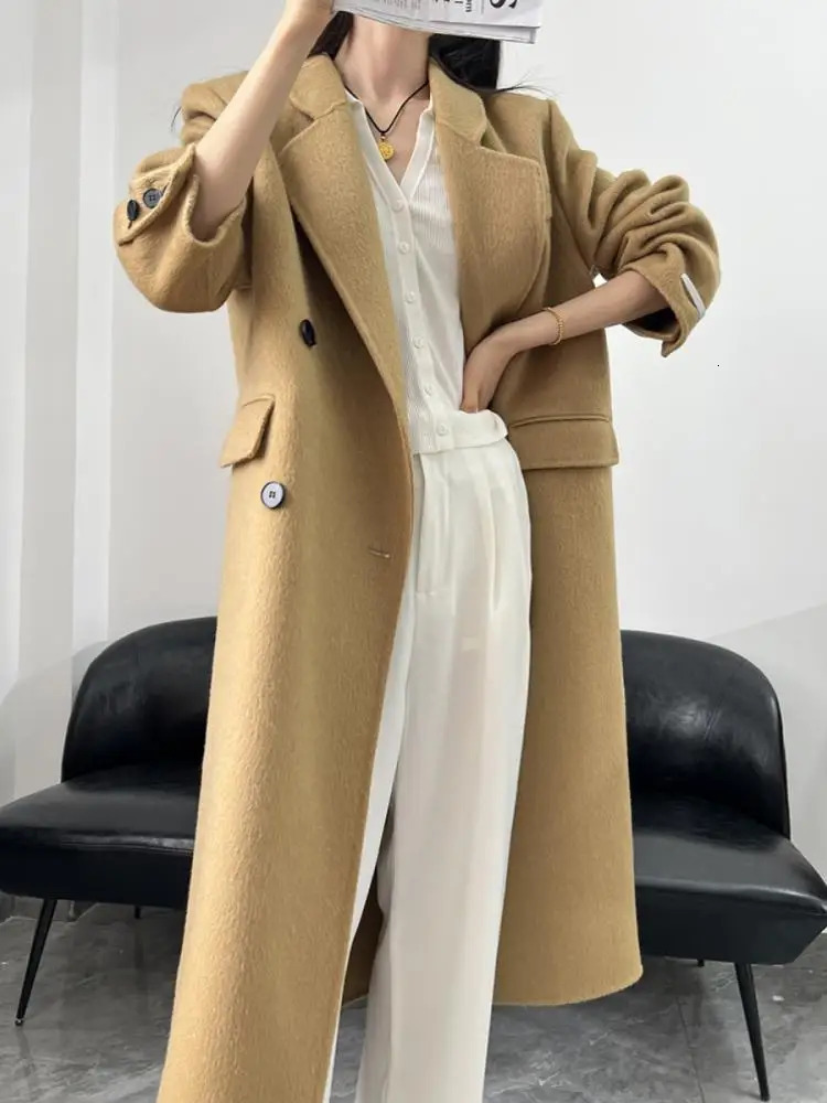 Right Angle Shoulder DoubleBreasted Woolen Jackets Autumn And Winter Office Lady Long 100 Wool Coats 251028