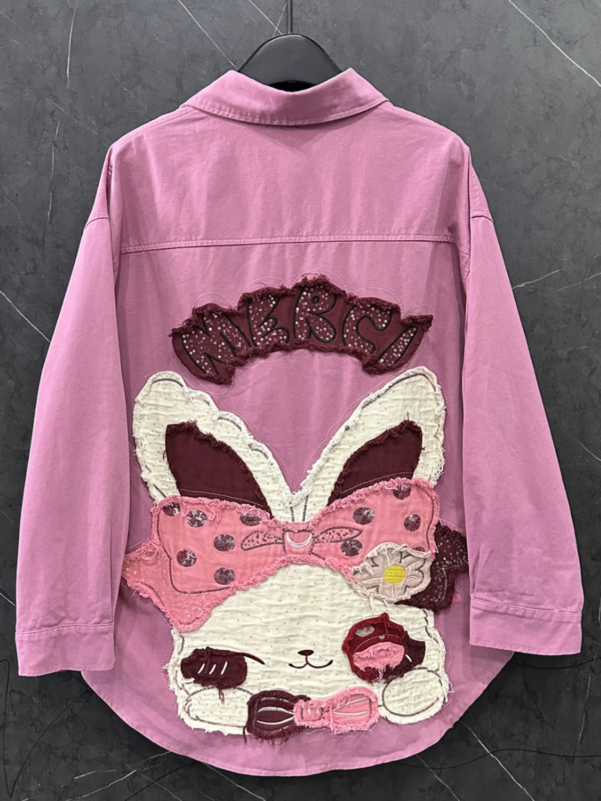 SpringSummer Heavy Industry Patch Embroidered Rabbit Bow Denim Shirt Jacket Long Sleeve Womens Loose Casual Top 250403