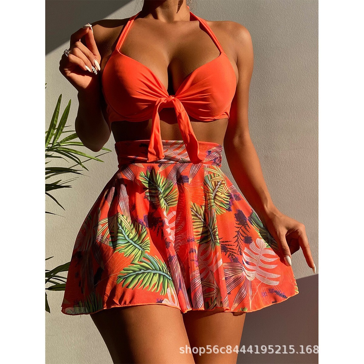 2025 Beach Vacation Solid Color Sexy Hard Bag Split Triangle Bikini Printed Yarn Skirt Swimsuit