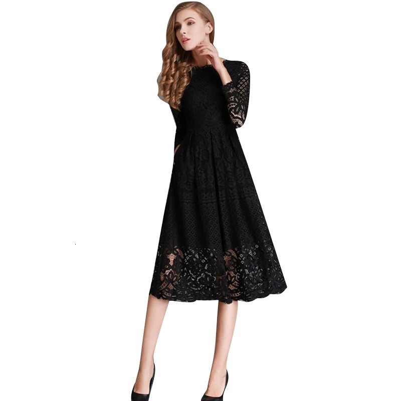 2025 Autumn New Womens Dress Round Neck Hollow Out Simple Lace Long Sleeved Slim Fit Mid Length Skirt